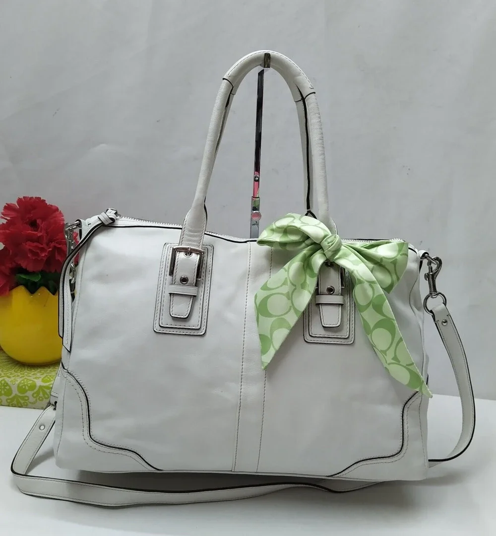 Coach Hampton White Leather Double Handle Zipper Closure Satchel Shoulder Bag